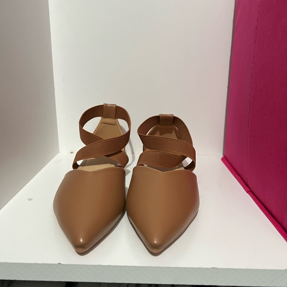 Camel colored pointed toe flats with elastic straps